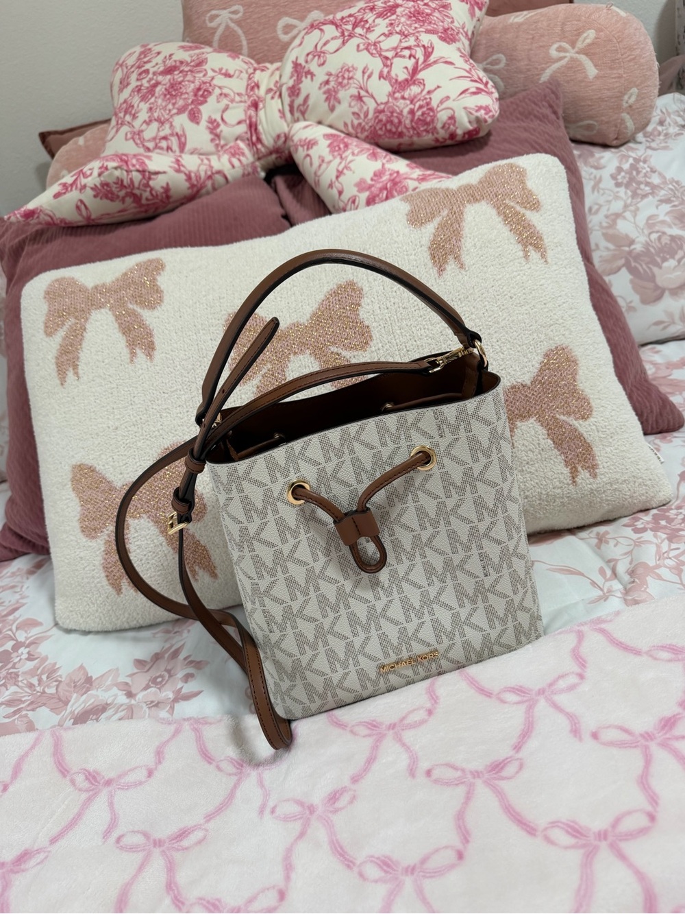 Michael Kors Beige MK Logo Drawstring Bucket Bag with Brown Trim